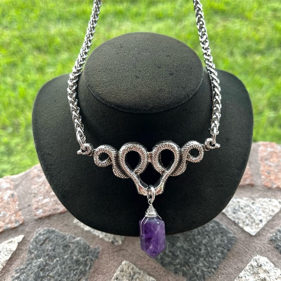 Amethyst crystal stone snake charm stainless steel chain necklace goth boho . - Picture 5 of 11